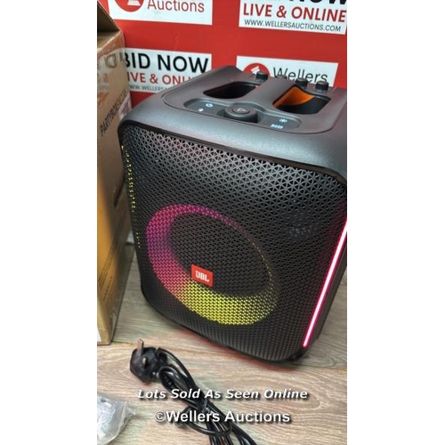 8988 - JBL PARTYBOX SPEAKER WITH MICROPHONE, APPEARS NEW OPEN BOX, CONNECTS TO BT, PLAYS MUSIC / E55