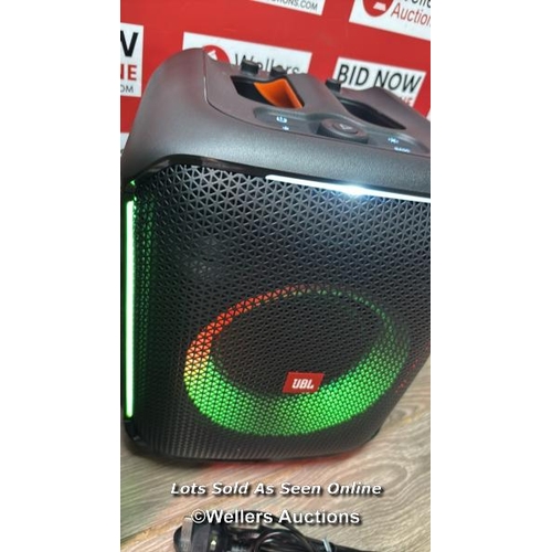 8988 - JBL PARTYBOX SPEAKER WITH MICROPHONE, APPEARS NEW OPEN BOX, CONNECTS TO BT, PLAYS MUSIC / E55