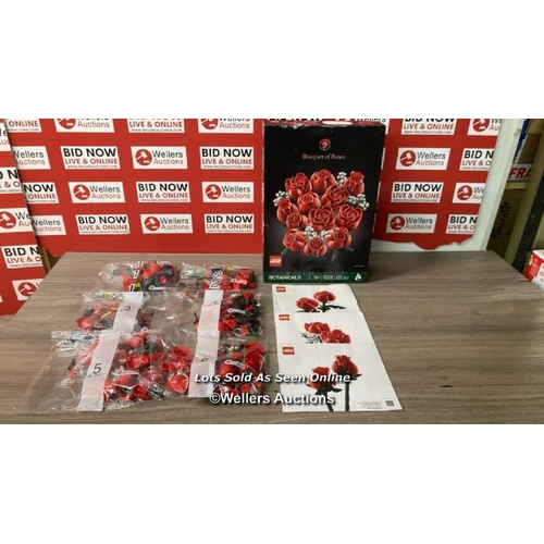 2072 - LEGO ICONS BOUQUET OF ROSES - MODEL 10328 / NEW OPEN BOX / ALL BAGS ARE SEALED / SEE IMAGES / C27