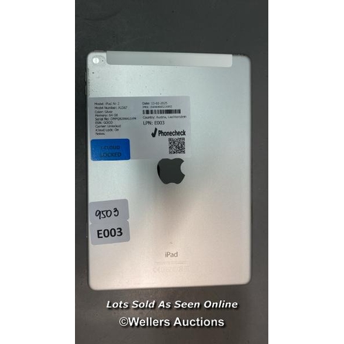 9503 - APPLE IPAD AIR 2/ A1567/ SILVER/ 64GB/ I-CLOUD LOCKED/ IMEI: 356969065226892 - SCREEN DAMAGED