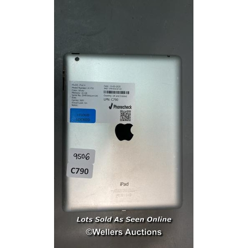 9506 - APPLE IPAD 4/ A1458/ WHITE/ 16GB/ I-CLOUD LOCKED/ IMEI: DMPJW6EKF185