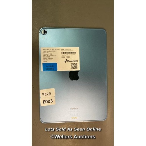 9523 - APPLE IPAD AIR (M1, 5TH GEN)/ A2589/ BLUE/ 64GB/ I-CLOUD LOCKED/ IMEI: 358224504616024