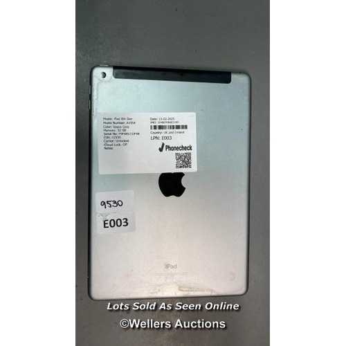 9530 - APPLE IPAD 6TH GEN/ A1954/ SPACE GRAY/ 32GB/ I-CLOUD UNLOCKED/ IMEI: 354887090831985