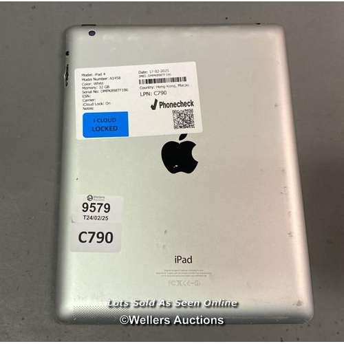 9579 - APPLE IPAD 4/ A1458/ WHITE/32GB/ IMEI-DMPK898TF186 (I-CLOUD LOCKED)