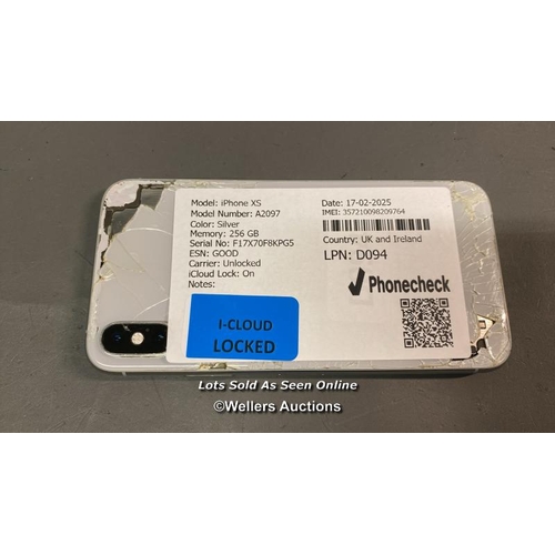 9589 - IPHONE XS/ A2097/ SILVER/256GB/ IMEI-357210098209764 (I-CLOUD LOCKED) (BACK DAMAGE)