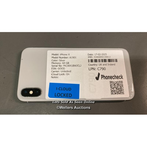 9590 - IPHONE X/ A1901/ SILVER/64GB/ IMEI-354868092190612 (I-CLOUD LOCKED) (SCREEN DAMAGE)