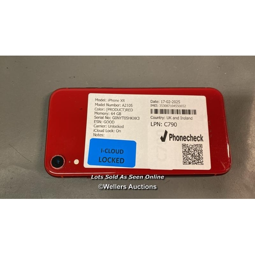 9591 - IPHONE XR/ A2105/ RED/64GB/ IMEI-353087104550652 (I-CLOUD LOCKED)