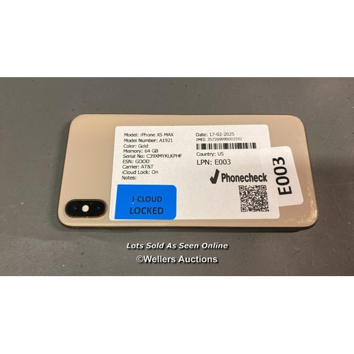 9604 - IPHONE XS MAX/ A1921/ GOLD/64GB/ IMEI-357269099003592 (I-CLOUD LOCKED)