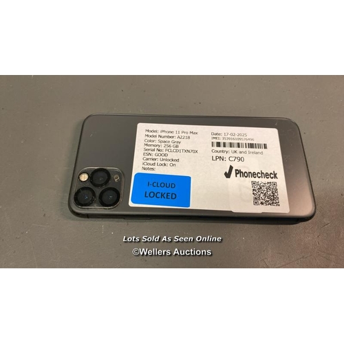 9608 - IPHONE 11 PRO MAX/ A2218/SPACE GRAY/256GB/ IMEI-353916109576496 (I-CLOUD LOCKED)