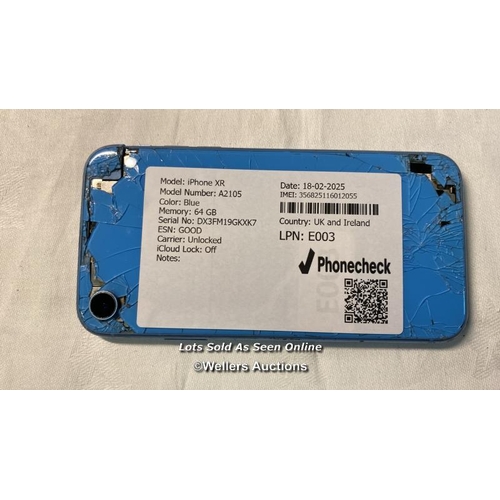 9636 - IPHONE XR/ A2105/ BLUE/64GB/ IMEI-356825116012055 (I-CLOUD UNLOCKED) (SCREEN&BACK GLASS DAMAGE)