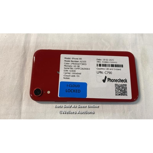 9675 - IPHONE XR/ A2105/ RED/64GB/ IMEI-352886117699450 (I-CLOUD LOCKED)