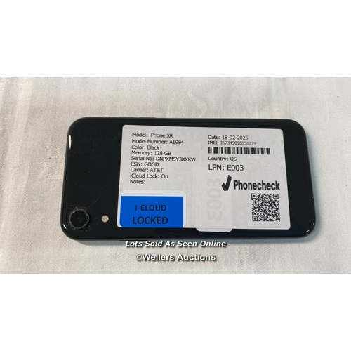 9678 - IPHONE XR/ A1984/ BLACK/128GB/ IMEI-357345098856279 (I-CLOUD LOCKED)