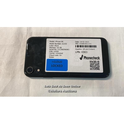 9679 - IPHONE XR/ A2105/ BLACK/64GB/ IMEI-353088108321561 (I-CLOUD LOCKED) (SCREEN DAMAGE)