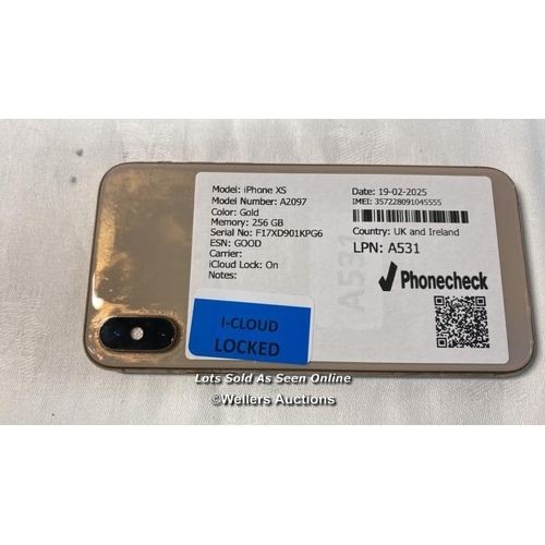 9725 - IPHONE XS/ A2097/ GOLD/256GB/ IMEI-357228091045555  (I-CLOUD LOCKED)