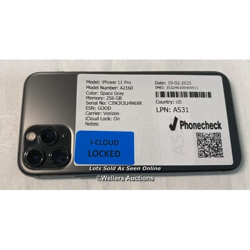 9729 - IPHONE 11 PRO/ A2160/ SPACE GRAY/256GB/ IMEI-353246105969911  (I-CLOUD LOCKED)