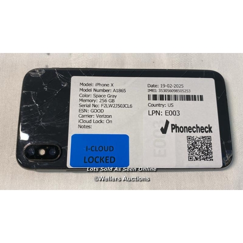 9730 - IPHONE X/ A1865/ SPACE GRAY/256GB/ IMEI-353056098505253  (I-CLOUD LOCKED) (BACK DAMAGE)