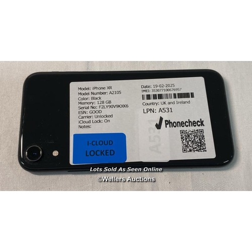 9737 - IPHONE XR/ A2105/ BLACK/128GB/ IMEI-353077100676957  (I-CLOUD LOCKED)