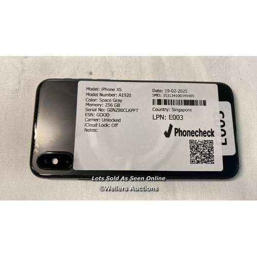 9741 - IPHONE XS/ A1920/ SPACE GRAY/256GB/ IMEI-353134100349489  (I-CLOUD UNLOCKED)