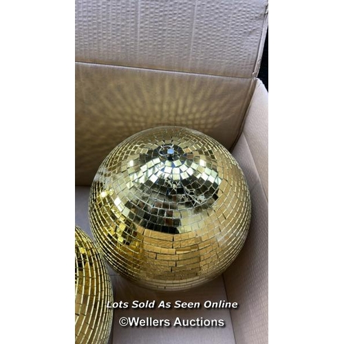 8004 - 3 X GOLD MIRRORED DISCO BALLS / SLIGHT DAMAGE SEE IMAGES