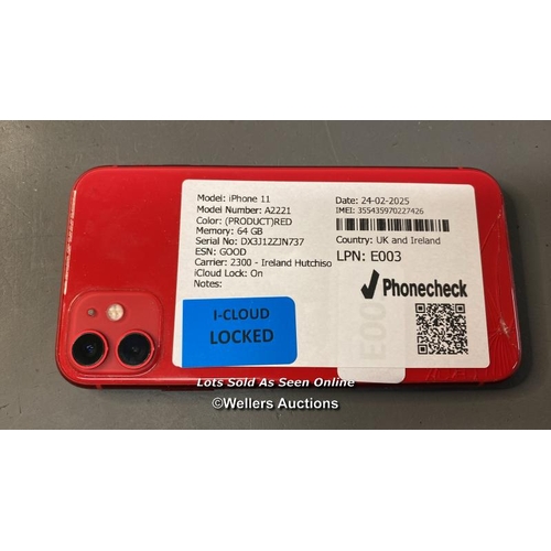 9885 - IPHONE 11/ A2221/ RED/64GB/ IMEI-355435970227426 (I-CLOUD LOCKED)