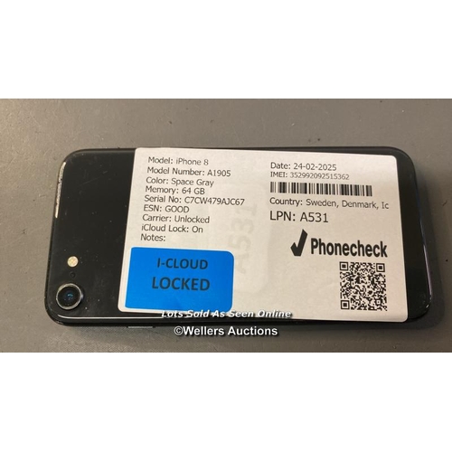 9898 - IPHONE 8/ A1905/SPACE GRAY/64GB/ IMEI-352992092515362 (I-CLOUD LOCKED) (SCREEN DAMAGE)