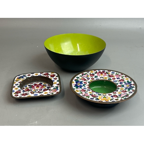 24 - Enamel bowl and two vintage Cloisonne floral dishes / T12