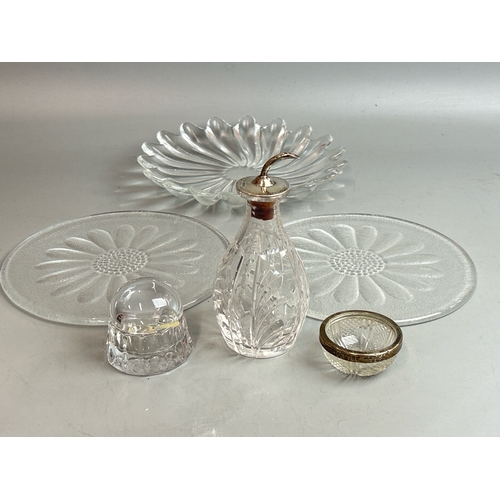 25 - A hallmarked silver topped vinegar bottle, and silver rimmed pot with a three glass dishes and glass... 