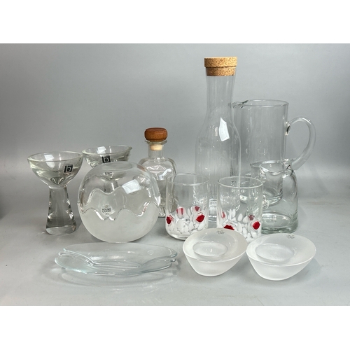 27 - Glassware including a Holmegaard bowl set and frosted glass candle holders and Broste glasses, jugs ... 