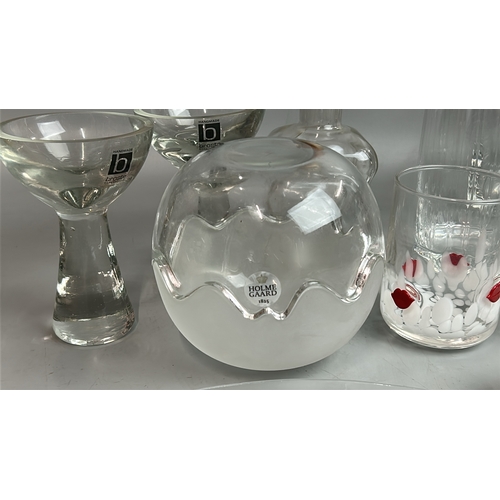 27 - Glassware including a Holmegaard bowl set and frosted glass candle holders and Broste glasses, jugs ... 