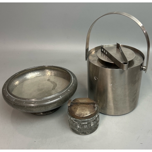 49 - Vintage sugar cube pot with built in tongs, pewter bowl and metal ice bucket / T23