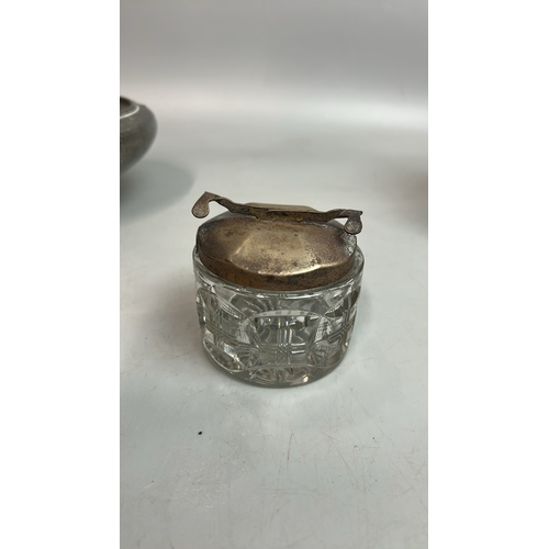 49 - Vintage sugar cube pot with built in tongs, pewter bowl and metal ice bucket / T23