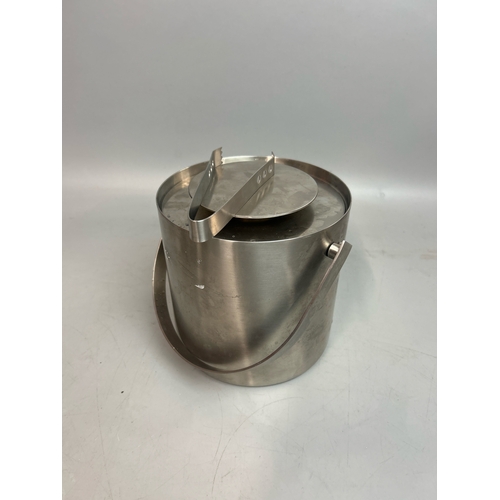 49 - Vintage sugar cube pot with built in tongs, pewter bowl and metal ice bucket / T23