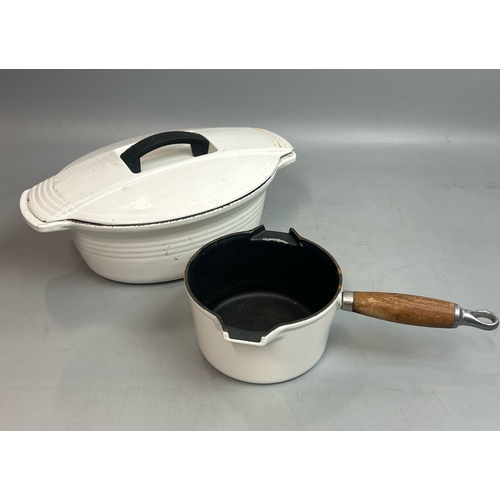 63 - Le Creuset white cast iron oven dish with lid 29cm wide ,  and saucepan, 15 cm diameter / T29