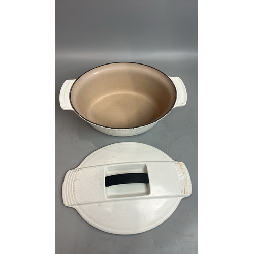 63 - Le Creuset white cast iron oven dish with lid 29cm wide ,  and saucepan, 15 cm diameter / T29