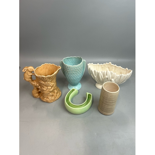 70 - Three Sylvac vases, a Sylvac Jug and Clarice Cliff vase, all in good overall condition / T33