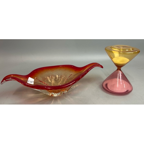 72 - A red 'Art Murano' glass fruit bowl, 38cm wide and Murano hourglass, 17cm high / T33