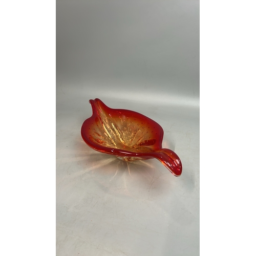 72 - A red 'Art Murano' glass fruit bowl, 38cm wide and Murano hourglass, 17cm high / T33