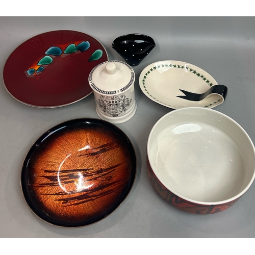 74 - Assorted decorative plates and glassware including a signed copper inlaid plate from Norway, Poole p... 