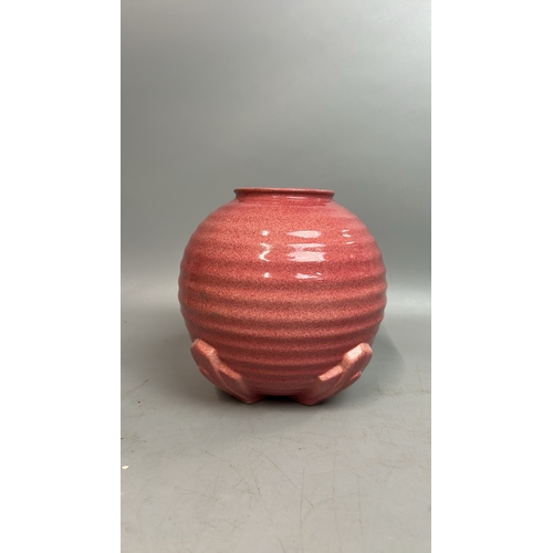 80 - A vintage art deco pink glazed round footed vase, 18cm high / T35