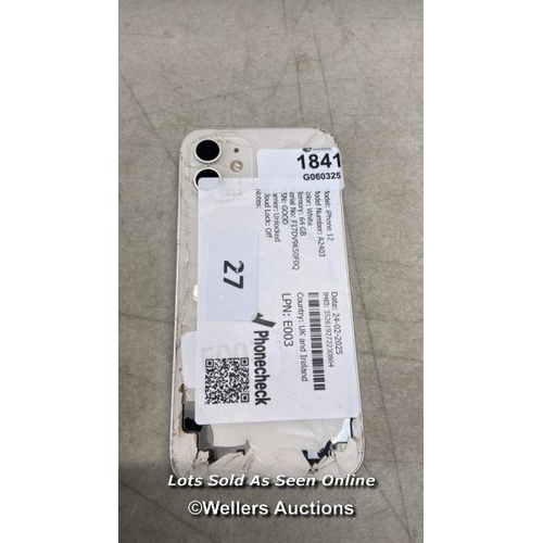 1841 - IPHONE 12/ A2403/ WHITE/ 64GB/ IMEI: 352619272230864/ I-CLOUD UNLOCKED - SCREEN AND BACK DAMAGED  / ... 