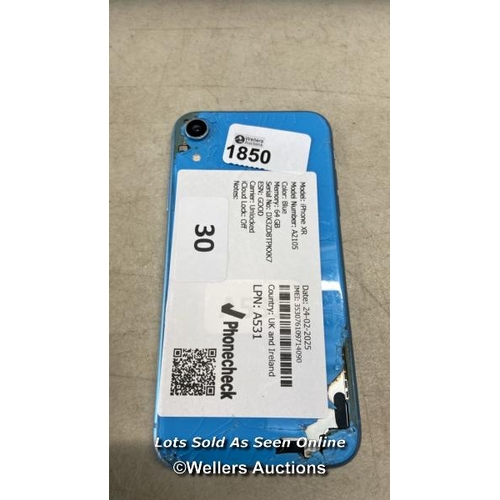 1850 - IPHONE XR/ A2105/ BLUE/ 64GB/ IMEI: 353076109714090/ I-CLOUD UNLOCKED - BACK COVER DAMAGED  / H52