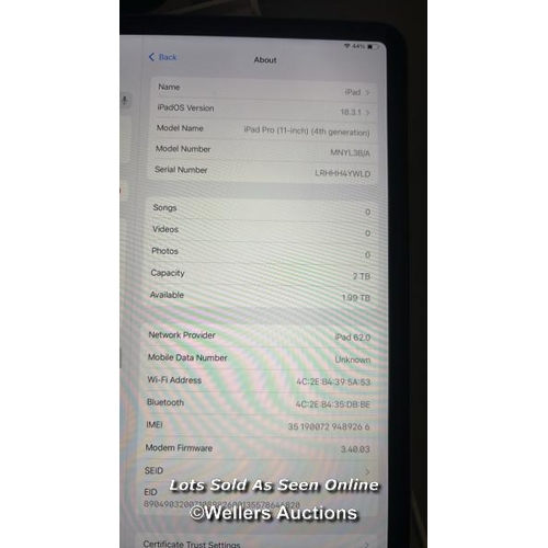 8431 - APPLE IPAD PRO 4TH GEN 2022, 11 INCH, WIFI + CELLULAR 2TB IN SPACE GREY / APPEARS NEW OPEN BOX, IN V... 