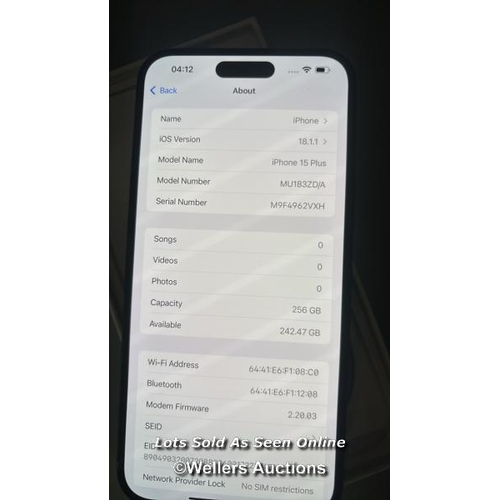 8433 - IPHONE 15 PLUS 256GB / MU183ZD/A / APPEARS NEW OPEN BOX, IN VERY GOOD COSMETIC CONDITION, ICLOUD UNL... 