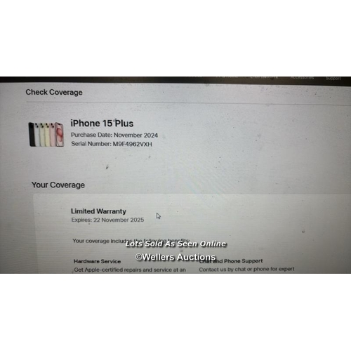 8433 - IPHONE 15 PLUS 256GB / MU183ZD/A / APPEARS NEW OPEN BOX, IN VERY GOOD COSMETIC CONDITION, ICLOUD UNL... 