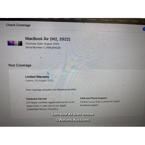 8447 - APPLE MACBOOK AIR 2022, APPLE M2 CHIP, 8GB RAM, 512GB SSD, 13.6 INCH IN MIDNIGHT, MLY43B/A / APPEARS... 