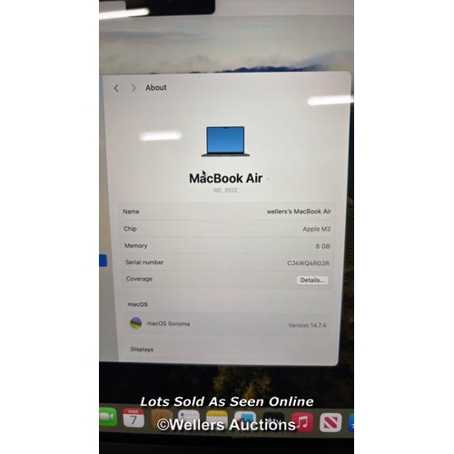 8447 - APPLE MACBOOK AIR 2022, APPLE M2 CHIP, 8GB RAM, 512GB SSD, 13.6 INCH IN MIDNIGHT, MLY43B/A / APPEARS... 