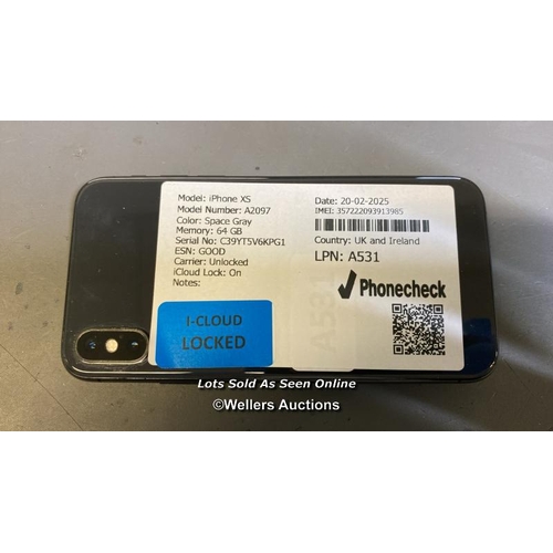 9517 - APPLE IPHONE XS / A2097 / SPACE GRAY / IMEI-357222093913985 (I-CLOUD LOCKED) (SCREEN DAMAGED)