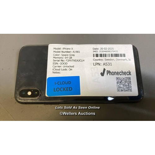 9523 - APPLE IPHONE X / A1901 / SPACE GRAY/64GB / IMEI-3530460903739435 (I-CLOUD LOCKED) (SCREEN CRACKED)