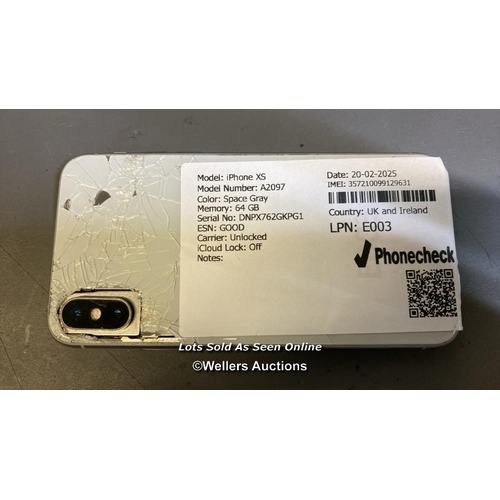 9543 - APPLE IPHONE XS / A2097 / SPACE GRAY / IMEI-357210099129631 (I-CLOUD LOCKED) (SCREEN&BACK GLASS DAMA... 