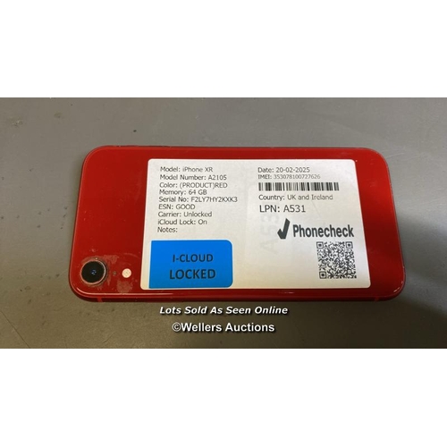 9555 - APPLE IPHONE XR / A2105 / RED/64GB / IMEI-353078100727626 (I-CLOUD LOCKED)